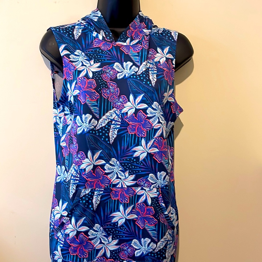 Reel Legends Keep It Cool Womens Size S Sleeveless Hooded flower Print Tank Top